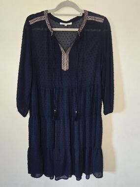 Daniel Rainn Navy Embroidered Tiered Mini Dress Sheer Boho Ren Fair Whimsi Large